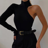 One Shoulder Knitted Turtleneck Stylish Skinny Lady Blouse